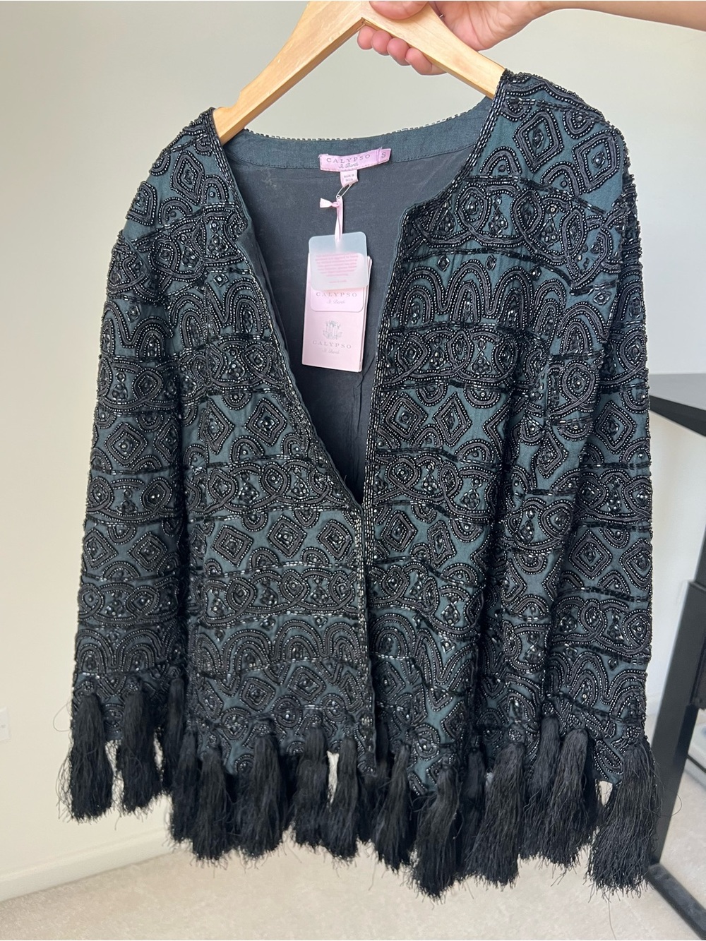 STUNNING Calypso St. Barth Black Beaded Fringe Open Cardigan